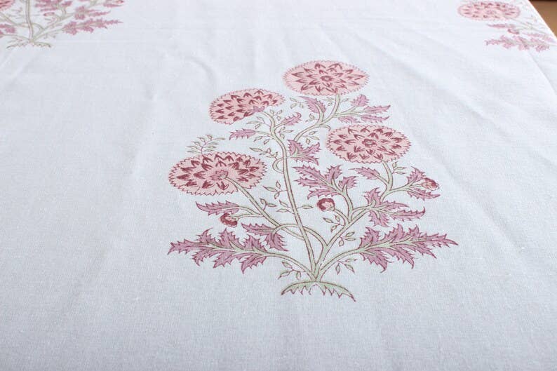 Tablecloth Salmon Pink Indian Hand Block Floral Printed: 8 Seater 70x108