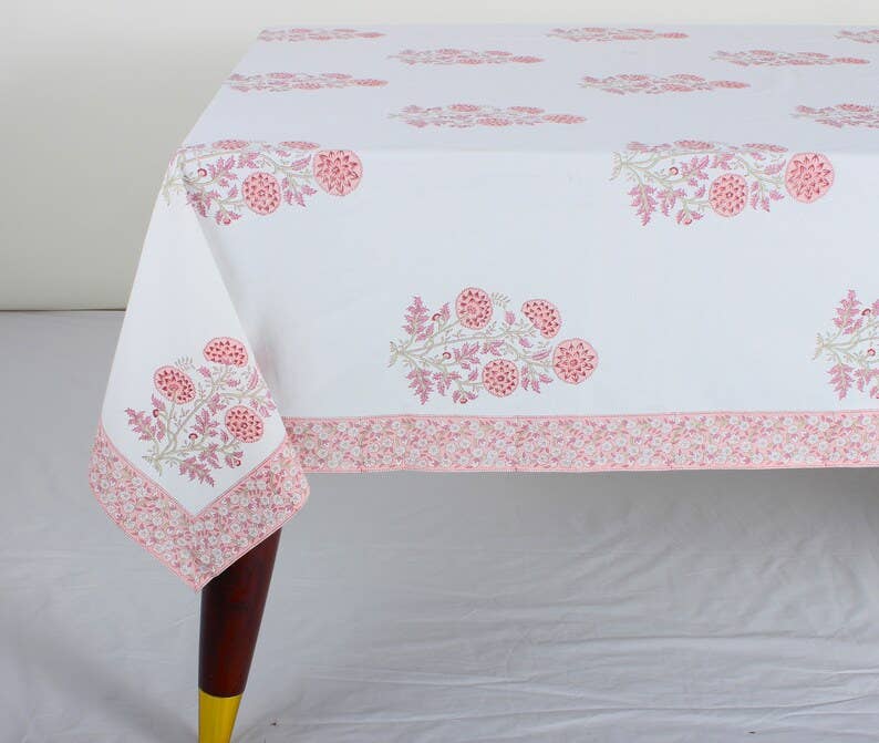 Tablecloth Salmon Pink Indian Hand Block Floral Printed: 8 Seater 70x108