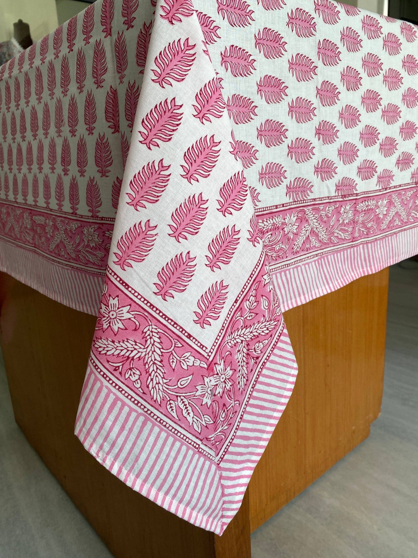 Fabricrush Taffy Pink Hand Block Printed Cotton Tablecloth: 4 Seater 60X60
