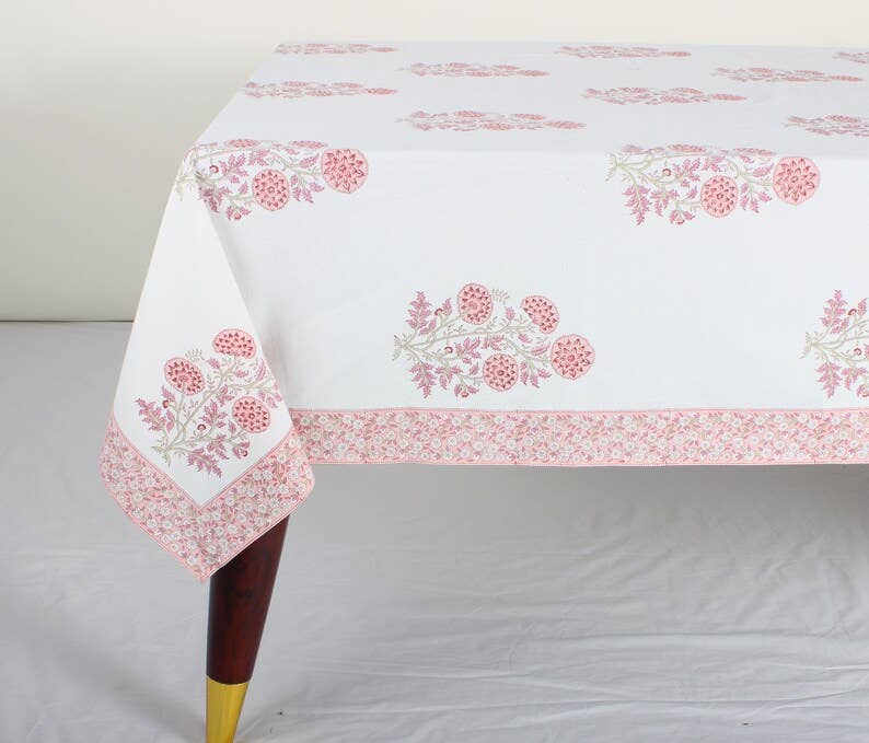 Tablecloth Salmon Pink Indian Hand Block Floral Printed: 8 Seater 70x108