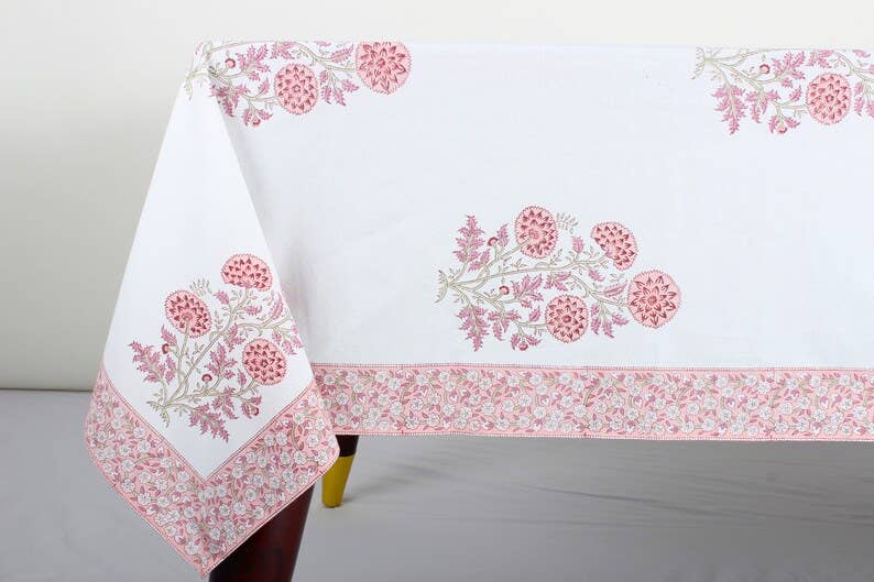 Tablecloth Salmon Pink Indian Hand Block Floral Printed: 8 Seater 70x108