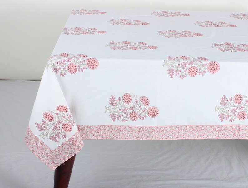 Tablecloth Salmon Pink Indian Hand Block Floral Printed: 8 Seater 70x108
