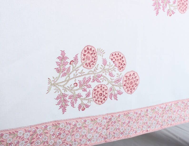 Tablecloth Salmon Pink Indian Hand Block Floral Printed: 8 Seater 70x108