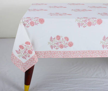 Tablecloth Salmon Pink Indian Hand Block Floral Printed: 8 Seater 70x108