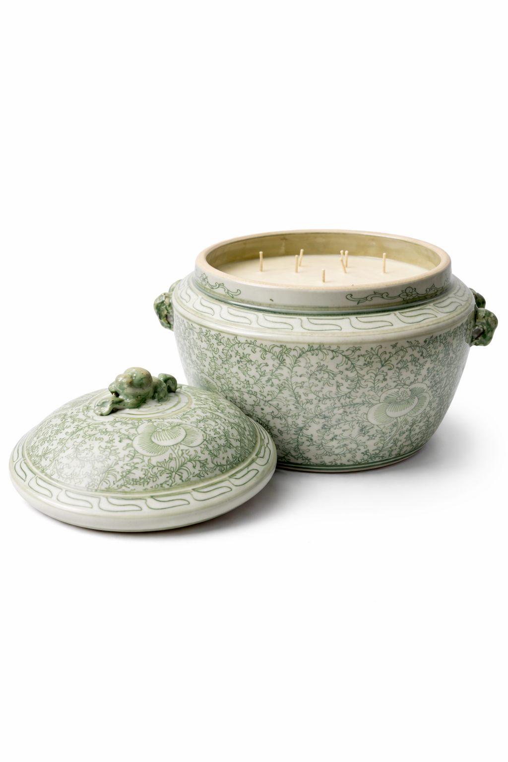 Green and White Porcelain Scrolling Peony Lug Jar Candle