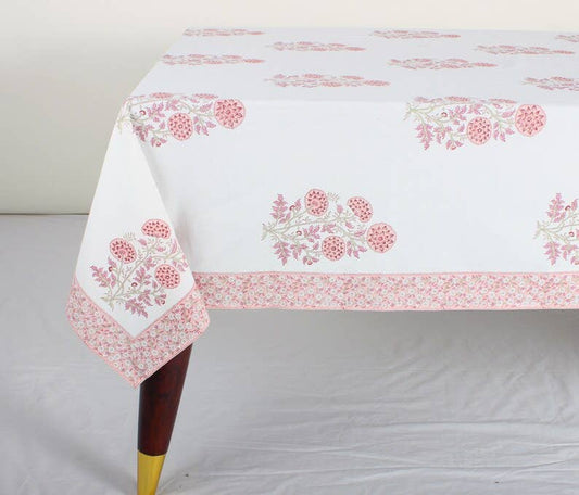 Tablecloth Salmon Pink Indian Hand Block Floral Printed: 8 Seater 70x108