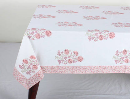 Tablecloth Salmon Pink Indian Hand Block Floral Printed: 8 Seater 70x108