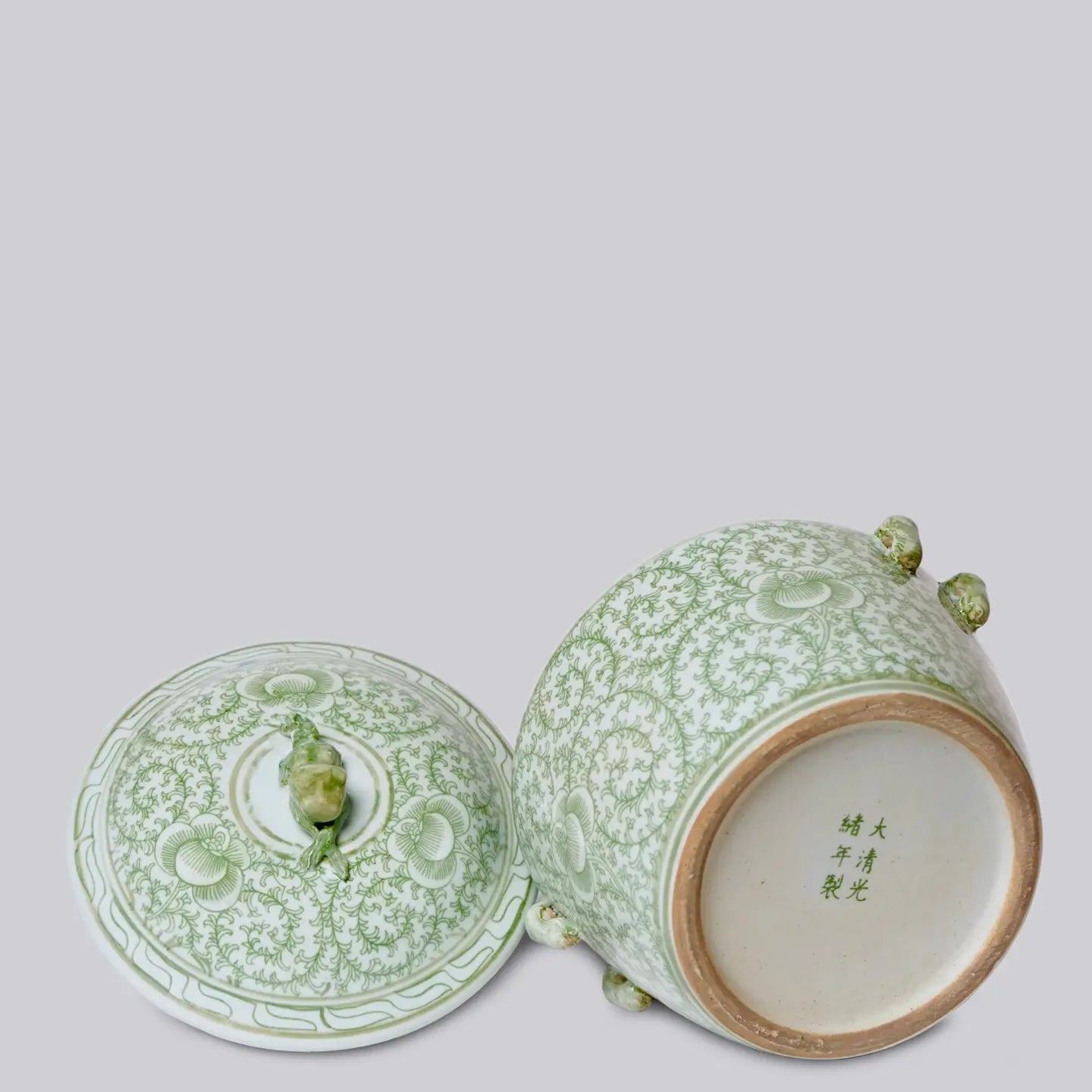 Green and White Porcelain Scrolling Peony Lug Jar Candle