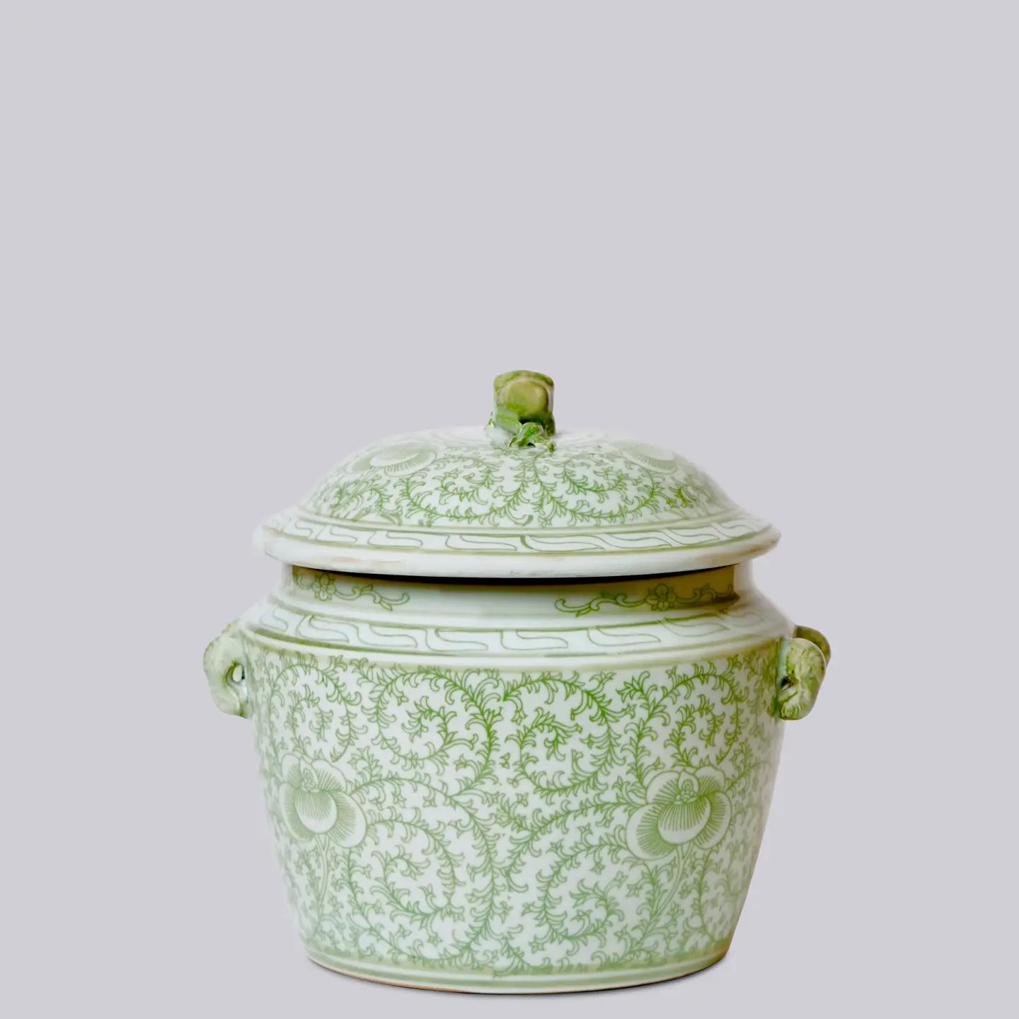 Green and White Porcelain Scrolling Peony Lug Jar Candle
