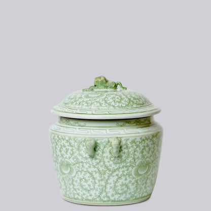 Green and White Porcelain Scrolling Peony Lug Jar Candle